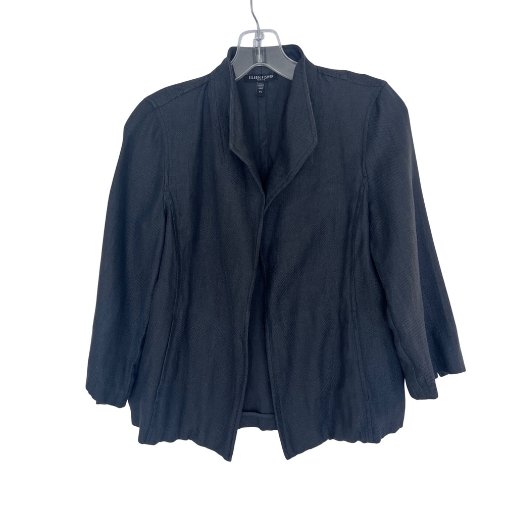Eileen Fisher Petite Linen Blend Open Front Blazer Jacket Charcoal Grey PS